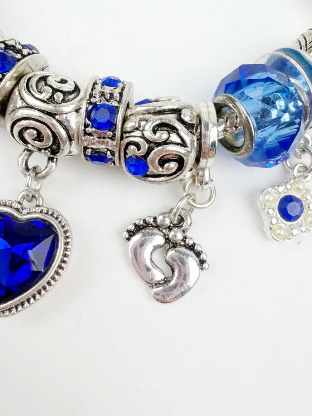 September Sapphire Blue Birthstone Charm Bracelet Silvertone Baby Feet